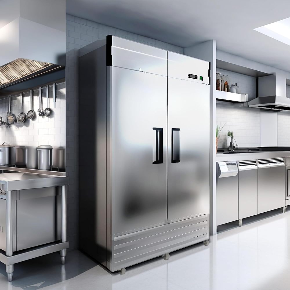 54"W 2 Door Commercial Freezer 49 Cu.Ft Dynamic Cooling OmniSmart Temperature Control -10℉~10℉ Self Closing Stainless Steel Reach-In Commercial Freezer Digital Thermostat LED Light 6 Shelves