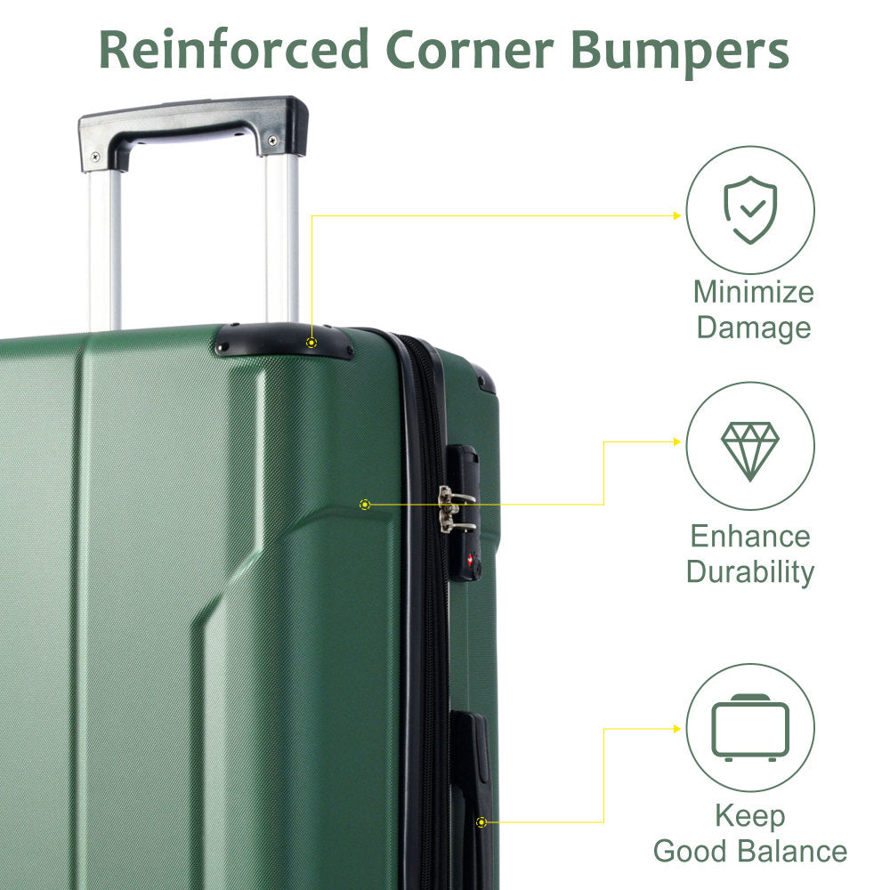 Luggage Sets 3 Piece, Hard shell ABS Lightweight Durable Suitcases with Double Spinner Wheels 20/24/28 Inch (Green)