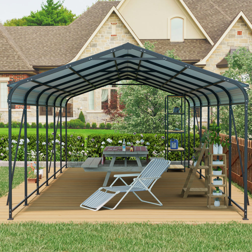 12 X 32 FT Carport, Heavy Duty Carport  with Galvanized Steel Roof and Frame, Metal Carport Large Garage  with 4 Fixed inclined square tube supports for Driveway Car, Truck