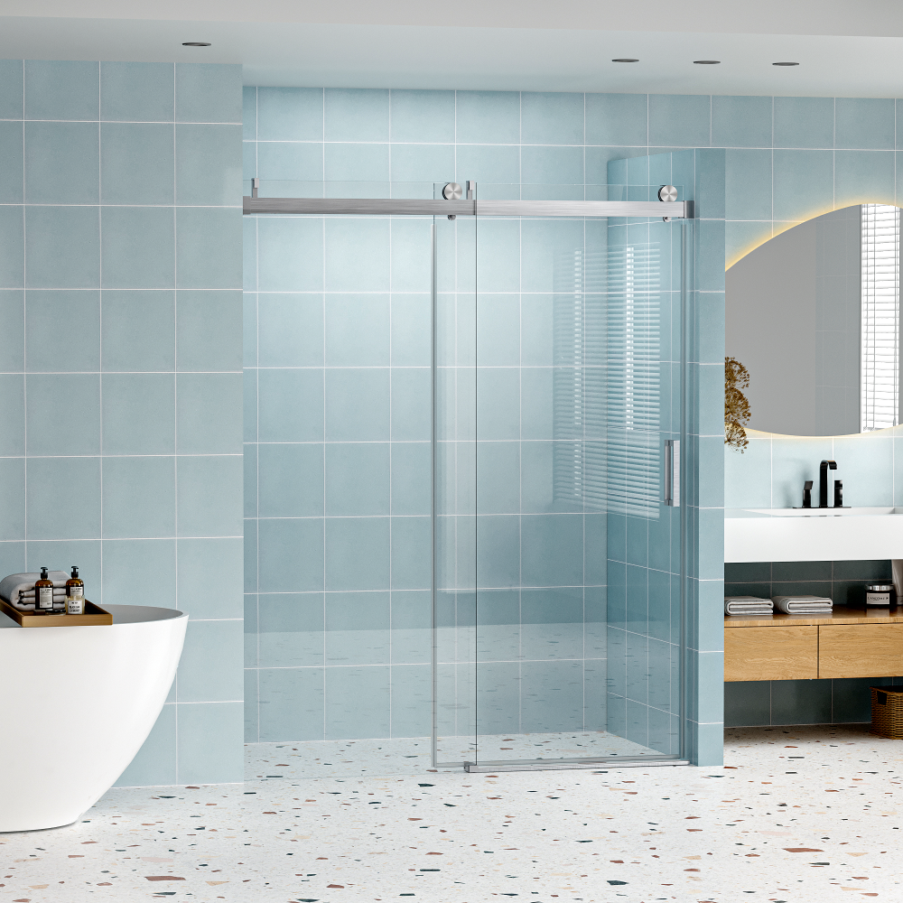 56" - 60" W x 76" H Frameless Shower Door Soft-closing Single Sliding, 1/4" (6mm) Tempered Glass with Explosion-proof Coating, 24D01-60BNX Brushed Nickel