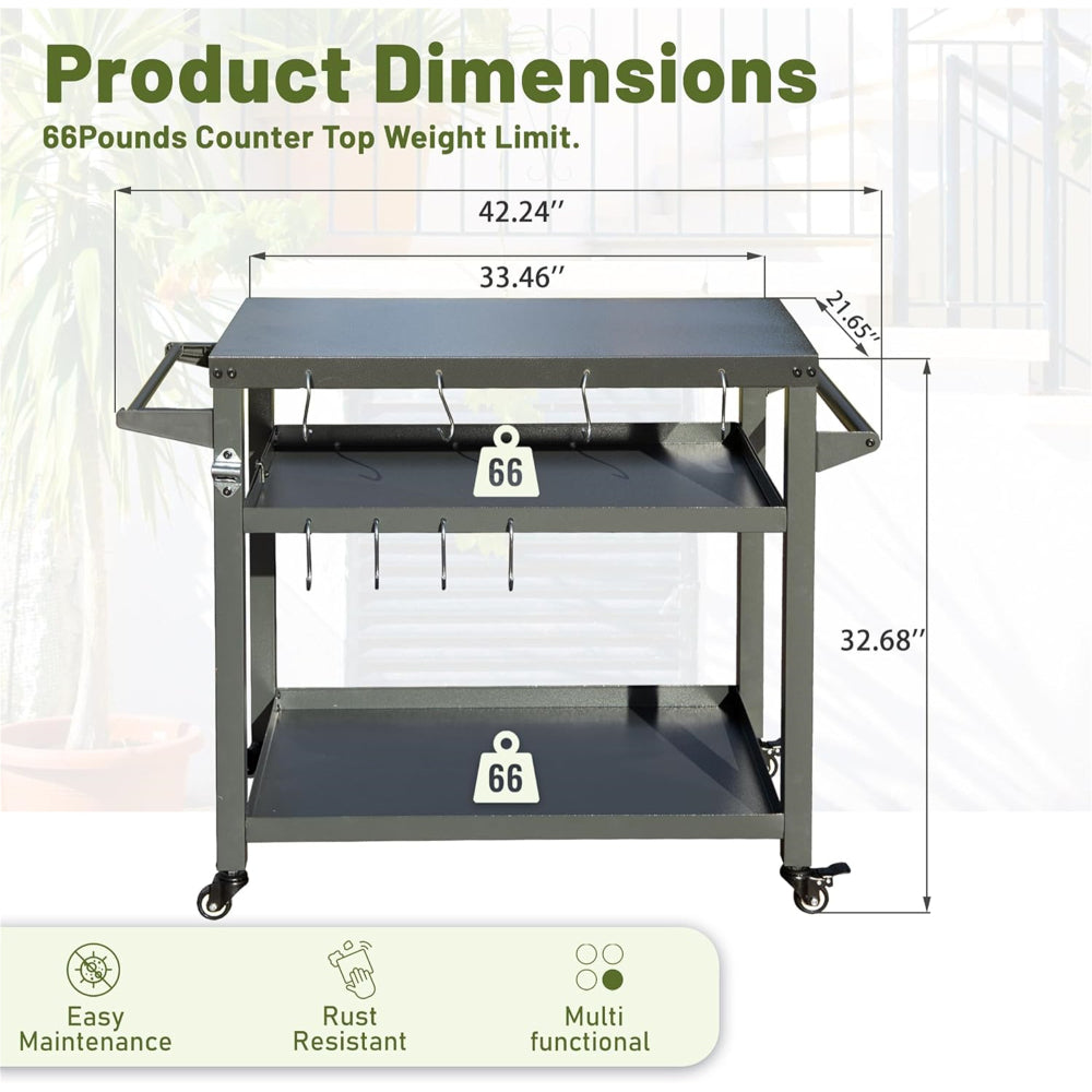 3-Shelf Outdoor Grill Table, Grill Cart with Wheels, Outdoor Pizza Oven Table and Food Prep Table, Blackstone Table with Propane Tank Hook, Grill Stand for Blackstone Griddle for Outside BBQ