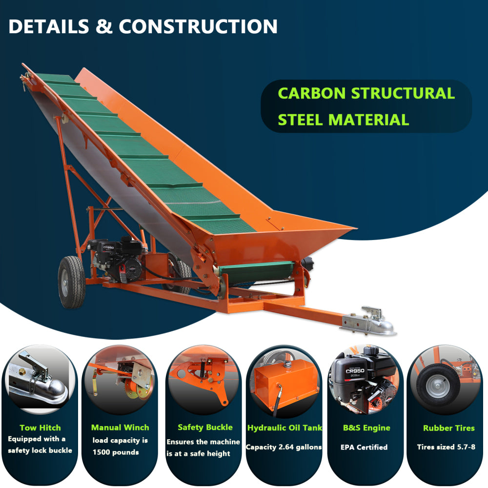 Firewood Conveyor 6.5HP 208cc Gasoline Powered 19.7" Width PVC Belt Wood Conveyor Lifter Elevator with B&S Engine