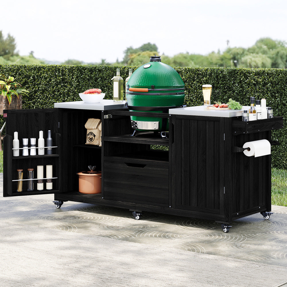 K&K 66.5" Outdoor Kitchen Island for Big Green Egg Grills, Solid Wood Outdoor Grill Cart for Tabletop Grill with Stainless Steel Top, Drawer, Compatible with Large Big Green Egg, Kamado Joe- Black