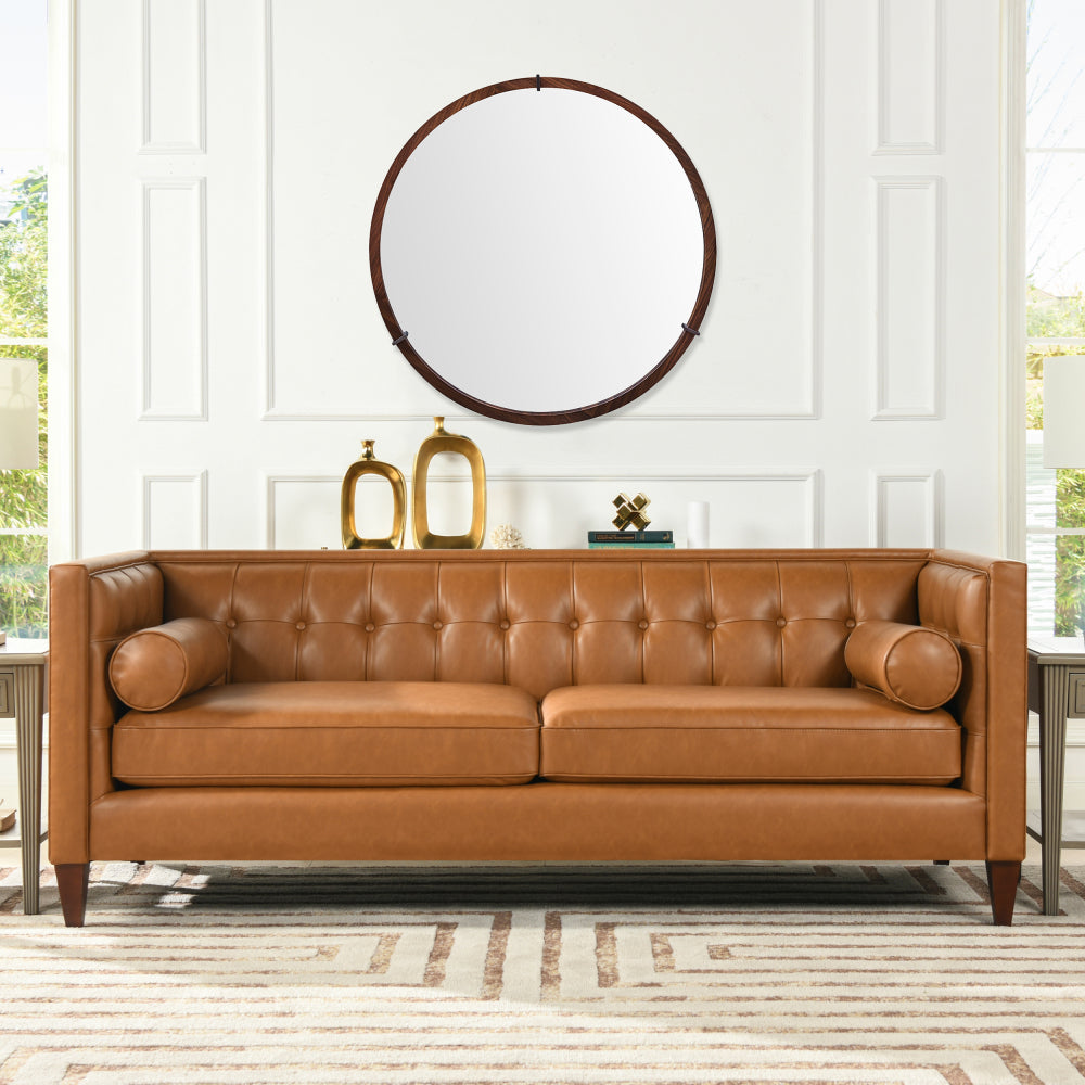 Hausen 31.5" Mid-Century Modern Round Accent Wall Mirror, Brown Walnut Wood & Veneer