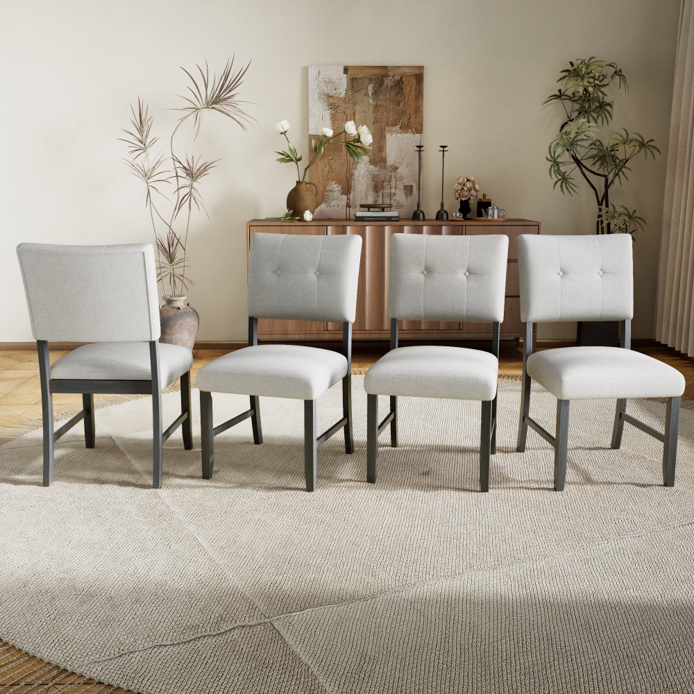 Wooden Dining Chairs Set of 4, Modern Fabric Upholstered Kitchen Side Chairs, Farmhouse Dining Room Chair with Solid Wood Legs and Padded Seat, Beige + Natural Wood Wash
