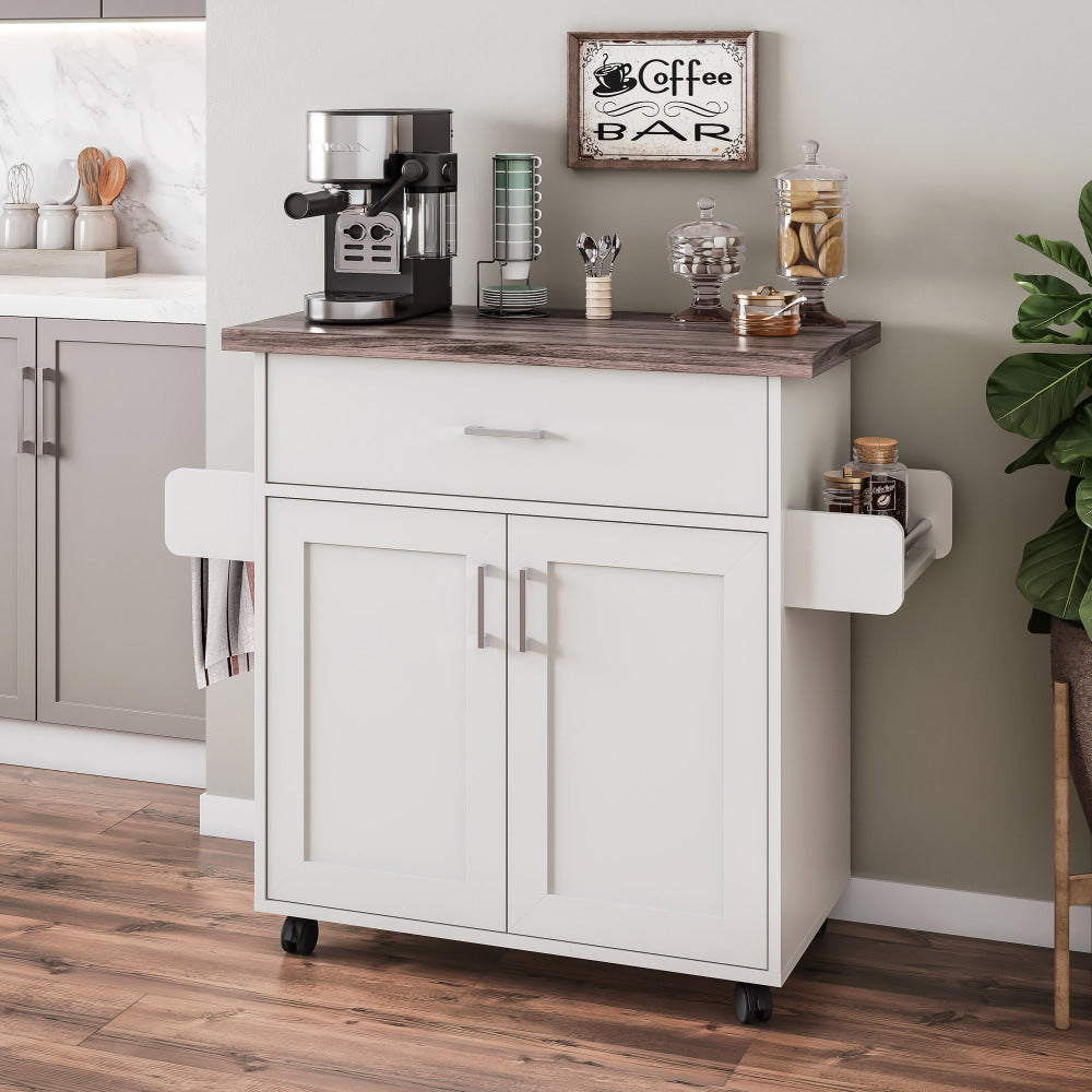 Techni Home Deluxe Mobile Kitchen Island Cart with Water Resistant Top, Storage Cabinets with Adjustable Shelves, and Towel & Spice Rack