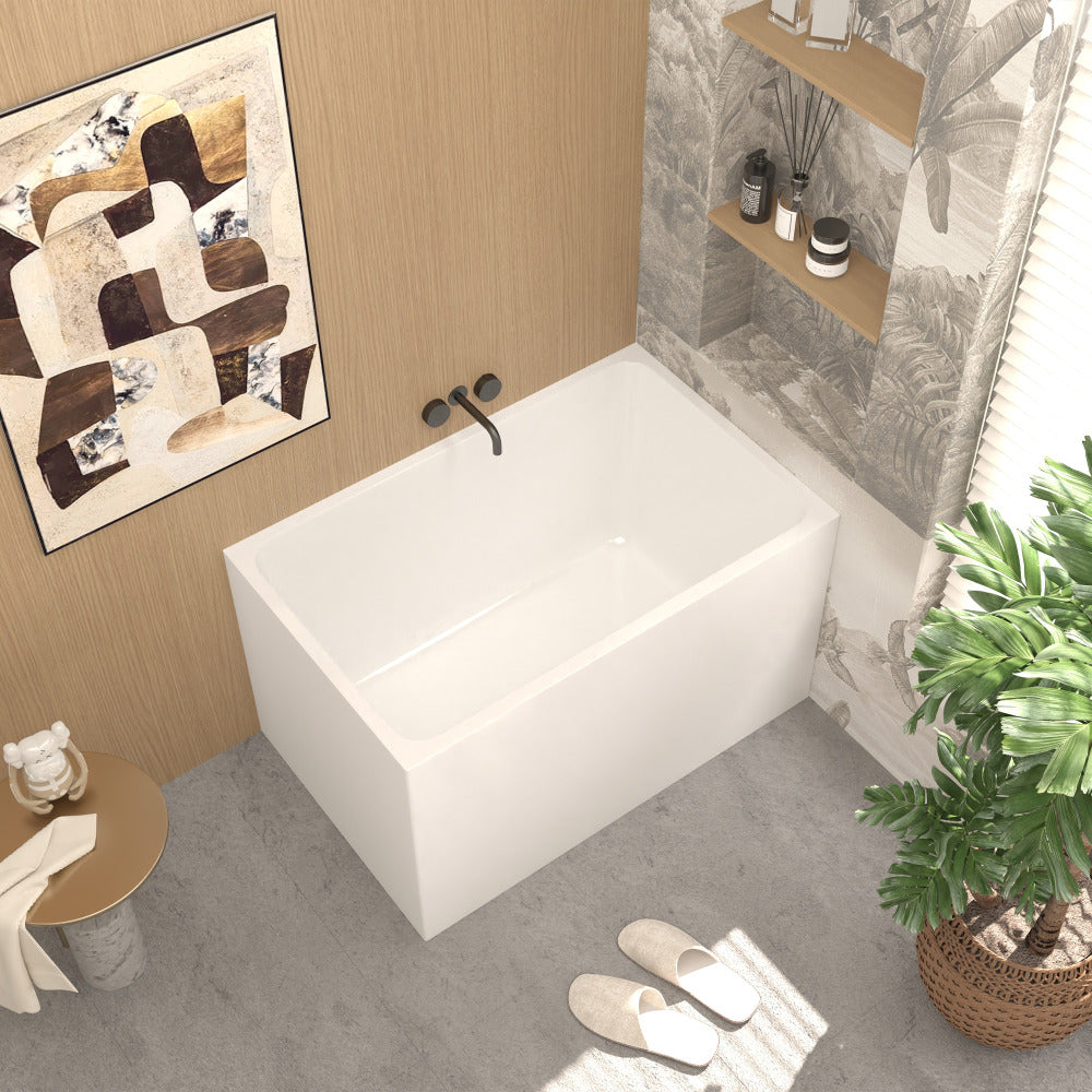 43" Acrylic Freestanding Bathtub with seat: Spacious rectangle Shape, Gloss White Finish, Chrome Overflow & Pop-Up Drain