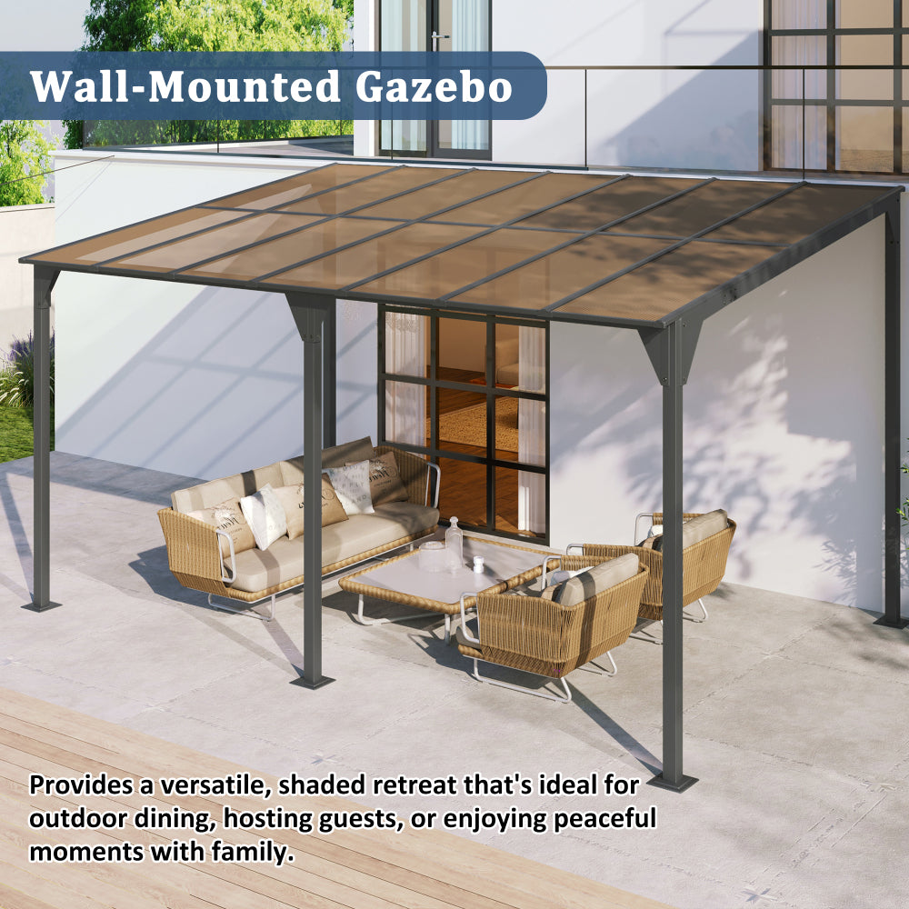 Wall-Mounted Gazebo 14.76*9.22 FT Outdoor Pergola Gazebo Awning Gazebo with Roof, Powder-Coated Iron Frame and with PC Roof Panels Outdoor Sloped Design Shelter for Deck, Garden, Backyard, Gray