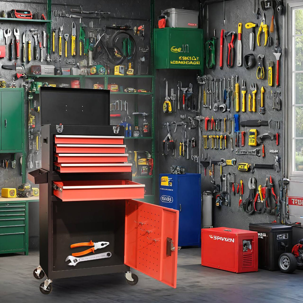 five-Drawer Rolling Tool Chest with Wheels, Detachable Cabinet Storage Tool Box with Drawers, Metal Tool Cart with Toolbox for Garage Workshop WarehouseBLACK+RED