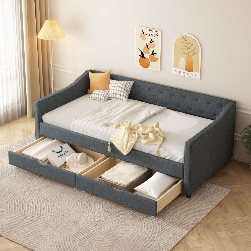 Twin Size Daybed with Drawers Upholstered Tufted Sofa Bed, with Button on Back and Piping on Waved Shape Arms-Light Grey