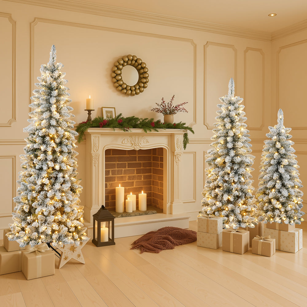 3 Pcs Flocked Artificial Christmas Tree Set with Lights, 4ft 5ft 6ft Christmas Snow Tree Set, Christmas Decor