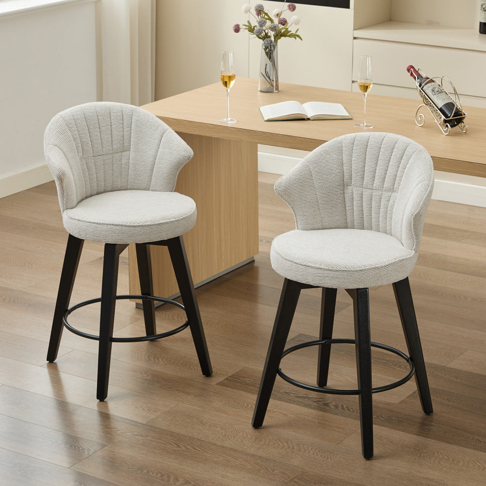008-Wing Back Swivel Bar Stools Set of 2 - 25" Counter Height Adjustable Stools with Solid Wood Legs & Chenille Upholstery, Leveling Feet for Kitchen Island, Home Pub or Dining Room, White