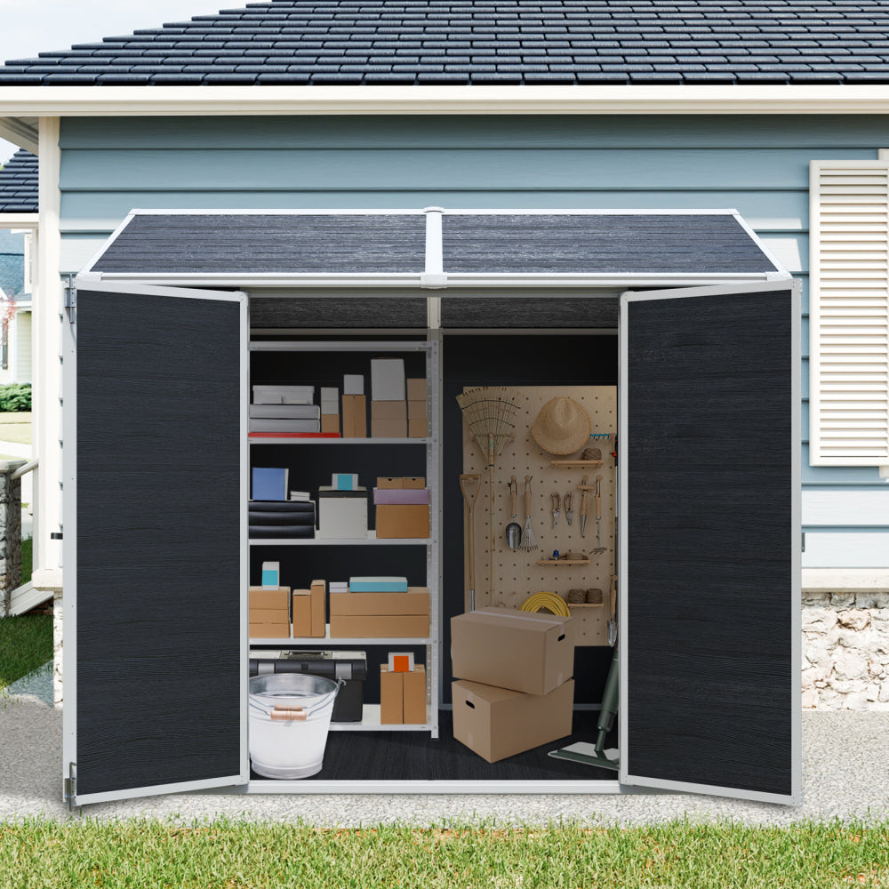 8 x 6ft  Resin Outdoor Storage Shed Waterproof Shed with Floor & Two Windows & Lockable Door, Tool Shed for Garden, Patio, Backyard ,Black