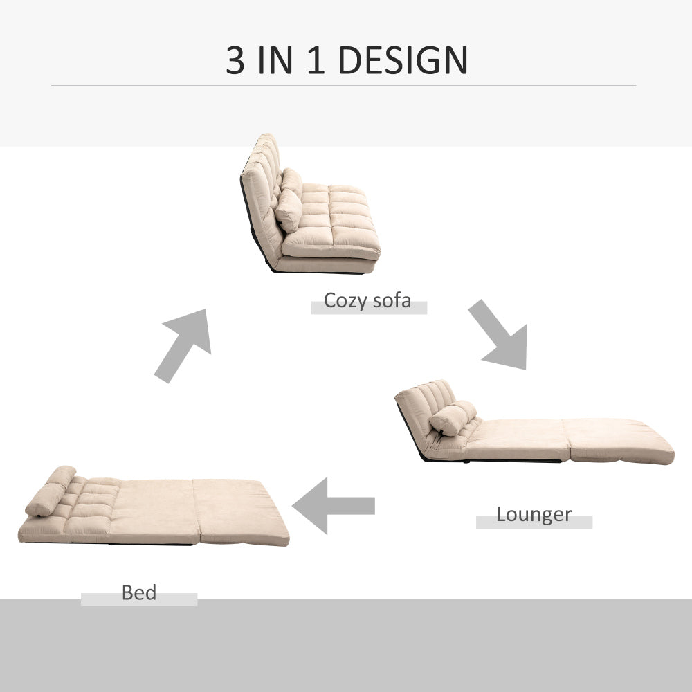 HOMCOM Convertible Floor Sofa Chair, Folding Couch Bed, Guest Chaise Lounge with 2 Pillows, Adjustable Backrest and Headrest, 51.25" L, Beige