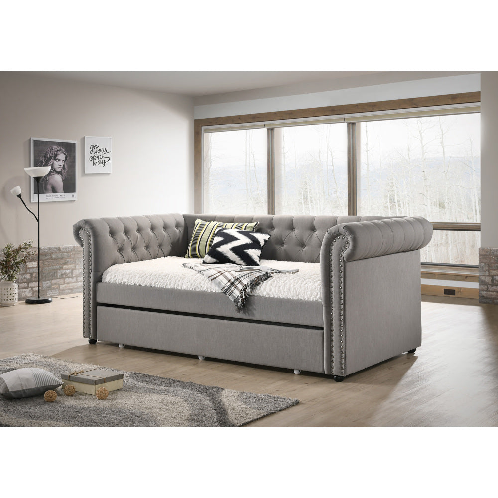 Luxurious 1pc Modern Aesthetic Beautifully Button Tufted Nailhead Trim Design Daybed Built-in pull-out Trundle Bed Living Space Guest Room Bedroom Dove Gray