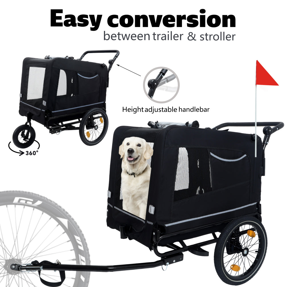 2-in-1 Bike Trailer & Push Cart for Pets - Detachable Bike Hitch & Push Handle Included - All-Terrain Wheels, Quick Release Wheel, Non-Slip Floor, Internal Leash, Holds Up to 88 lbs, Black