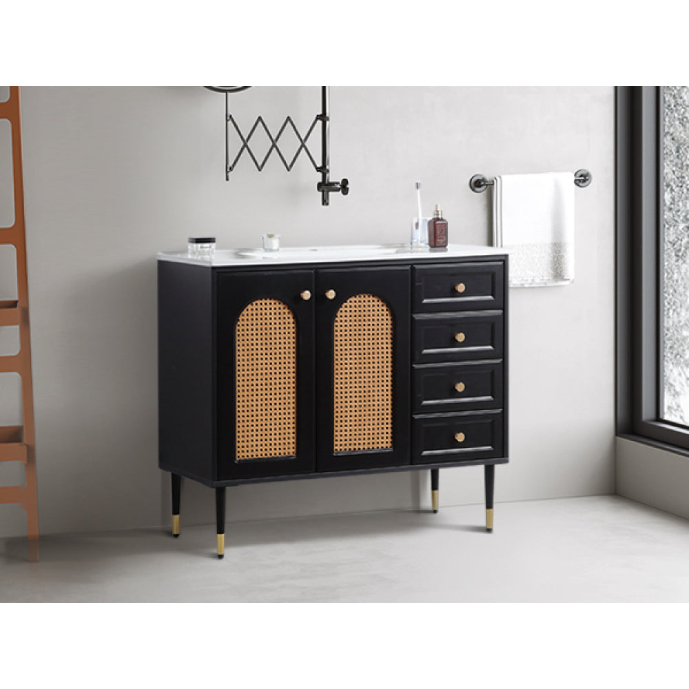 36" Bathroom Vanity with Ceramic Basin, Rattan Bathroom Storage Cabinet with Two Doors and Drawer