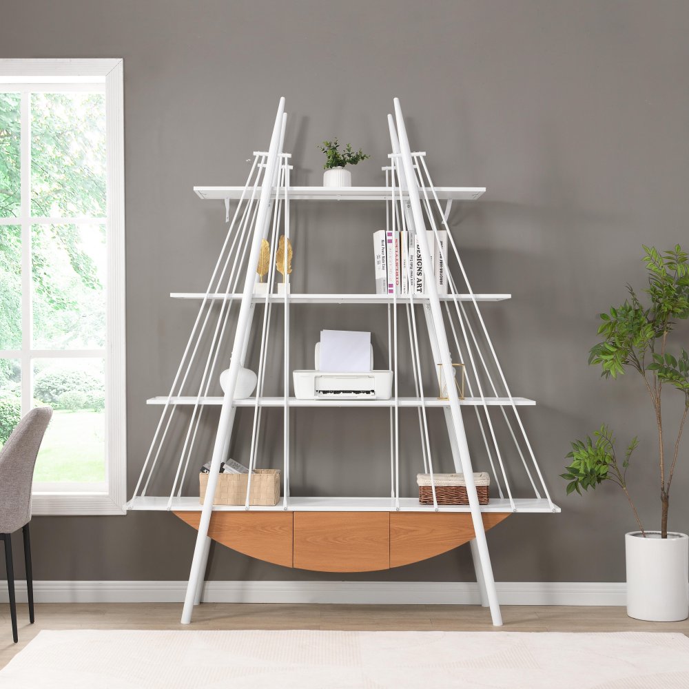 Sailboat-Inspired Bookshelf, 70.87 inch Industrial 4-Tier Open Storage Shelf with Drawer, Wooden & Metal Freestanding Bookcase, Sturdy Display Rack for Living Room, Office & Home Decoration.