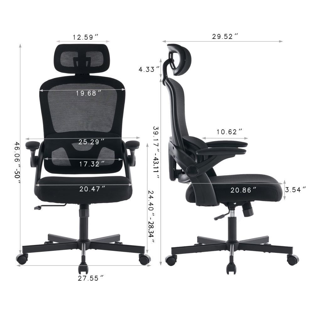 Ergonomic Mesh Office Chair, High Back Desk Chair with 3D Armrests, Up&Down Lumbar Support, Swivel Computer Task Chair with Adjustable 2D Headrest, Tilt Function Black