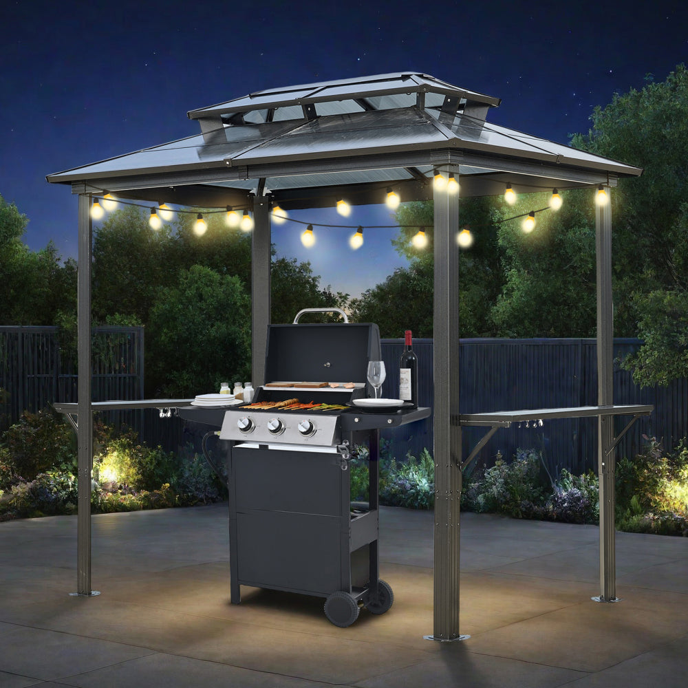 Outdoor Grill Gazebo 8 x 5FT, Hardtop BBQ Gazebo with UV-Resistant Polycarbonate Roof & Storage Hooks for Patio, Lawn, Garden