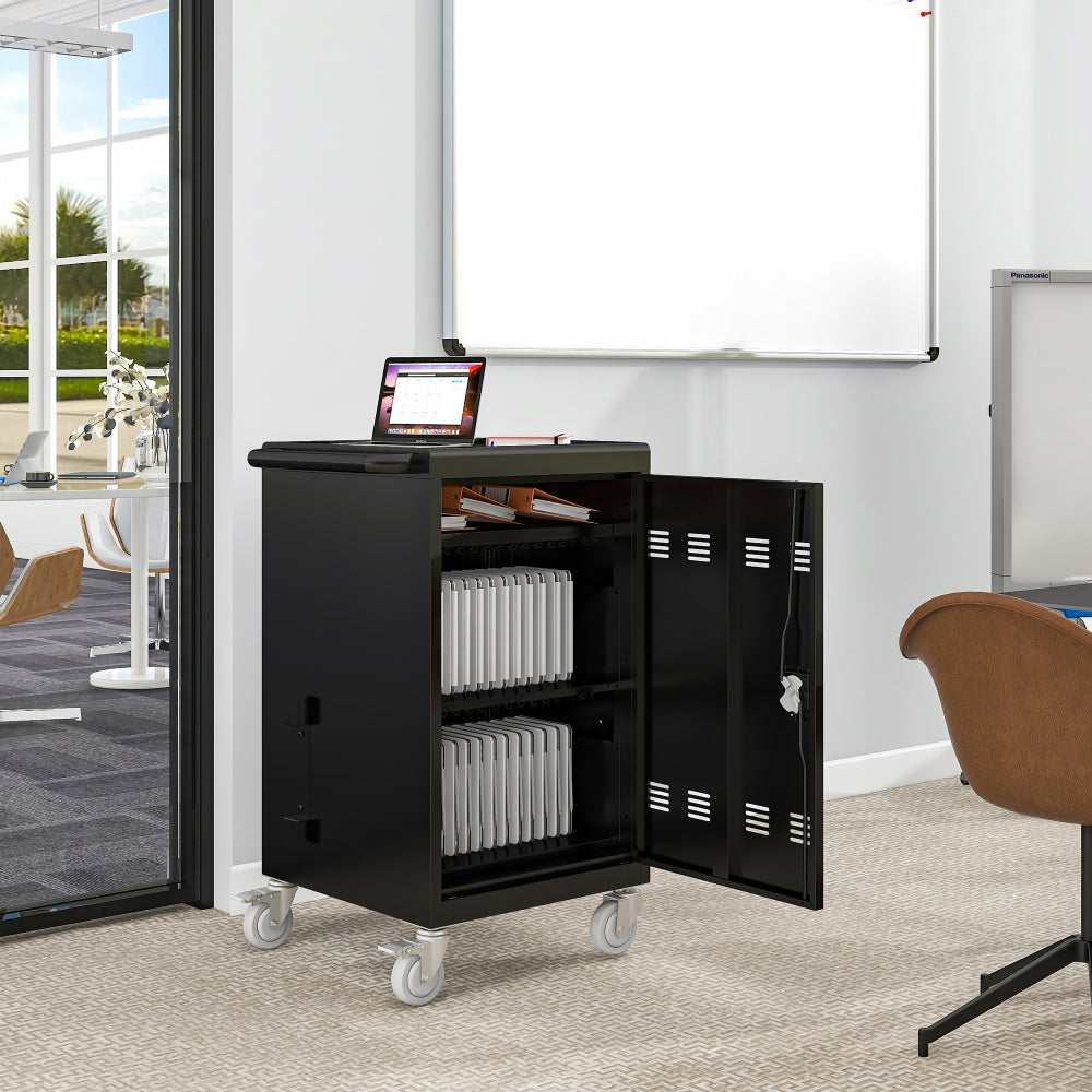 30+2Bay Mobile School Charging Cart Station for Chromebook, Tablet and Laptop Computer with Power Strip Included, Assembly Required-BLACK
