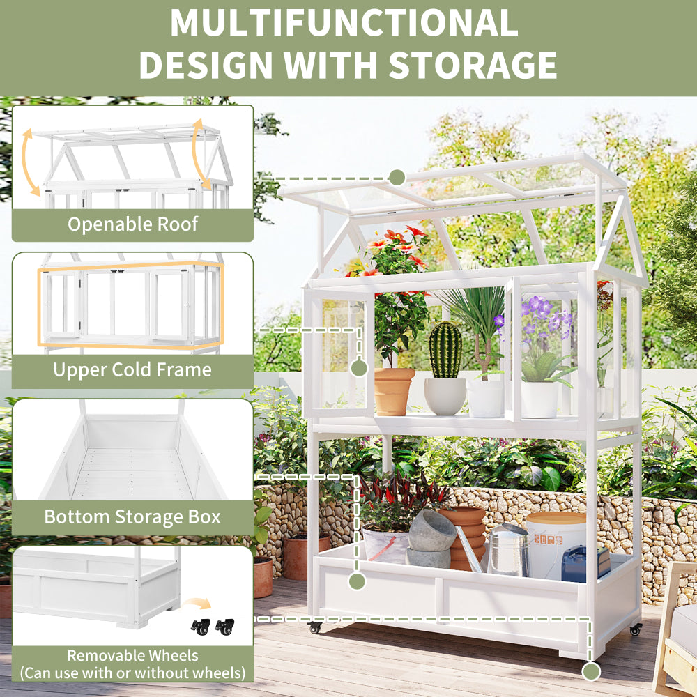 [Assembly Video Available] TOPMAX Garden Wood Portable Cold Frame with Movable Wheels Mini Greenhouse with Openable Roof and Storage Box, White