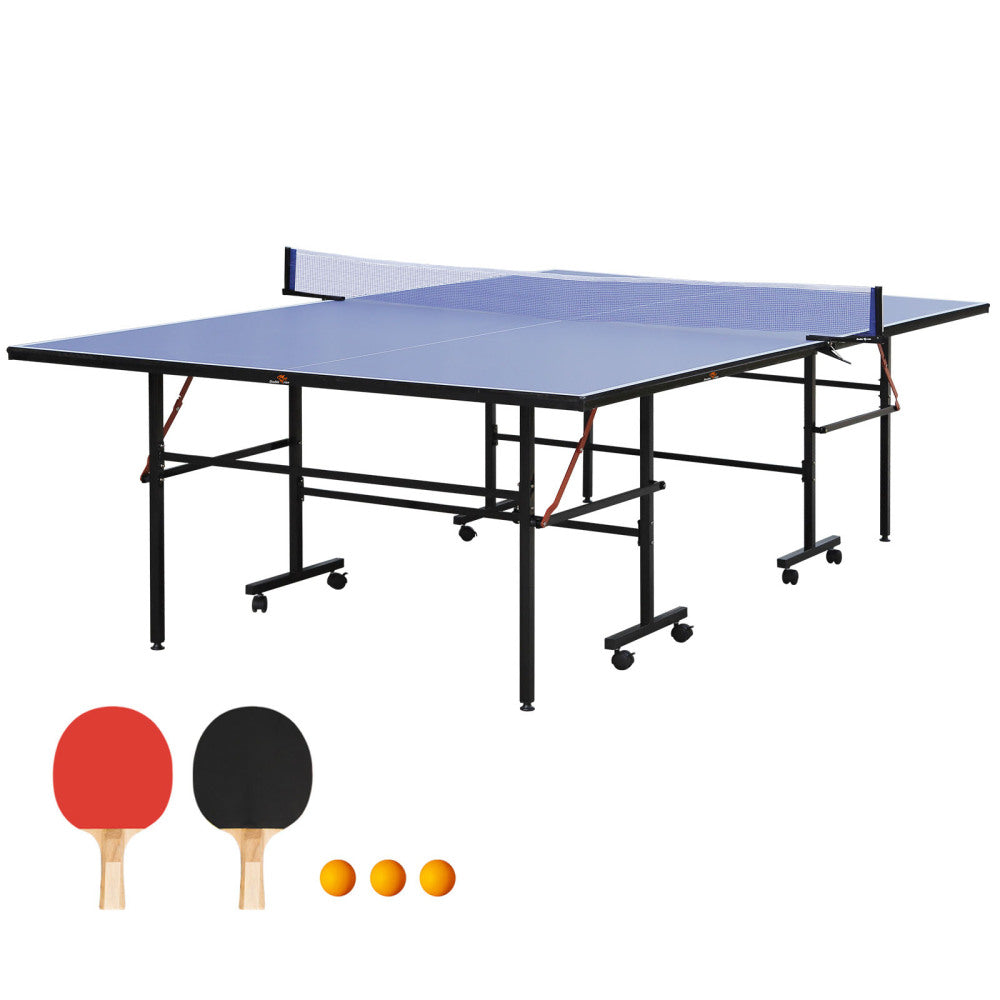 DOUBLE FISH [Folding Table] 9ft Folding Rolling Table Tennis Table2 Paddles, 3 Balls, 1 Net And Post SetBLUE Fold-Up Design, 8 Wheels for Easy Movement