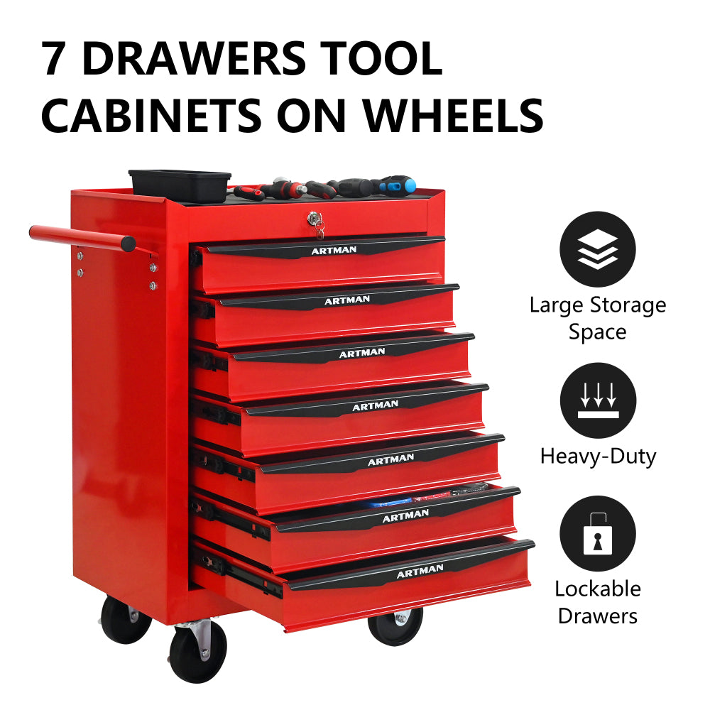 Rolling Metal Tool Chest with 7 Drawers, 20" 7-Drawer Tool Chest Cabinet with Ball Bearing Drawer Slides, Steel Tool Storage Box Organizer -Red&Black