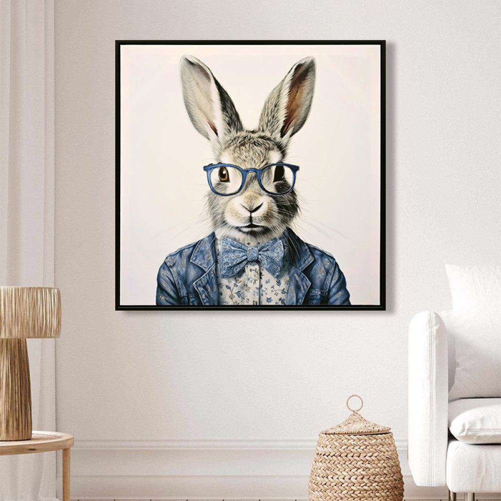 Gallery Wrapped Canvas Wall Art - Dapper Bunny in Tailored Cobalt Blue Suit, Modern Animal Portrait Framed Print for Lounge/Office Decor decorative picture painting