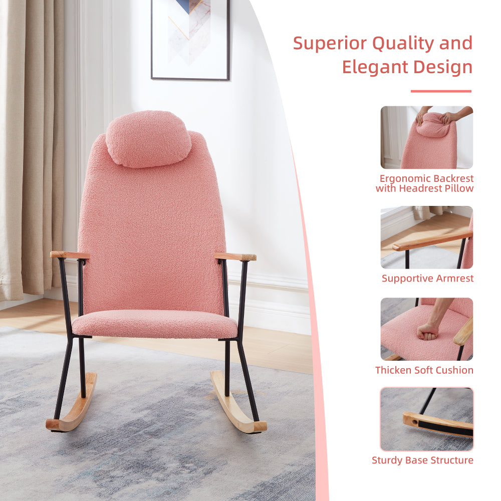 Adjustable Headrest Pillow Rocking Chair, Teddy Fabric Upholstered Glider Rocker with High Backrest, Modern Rocking Accent Chairs Comfy Side Chair for Nursery, Bedroom, Living Room (Pink)