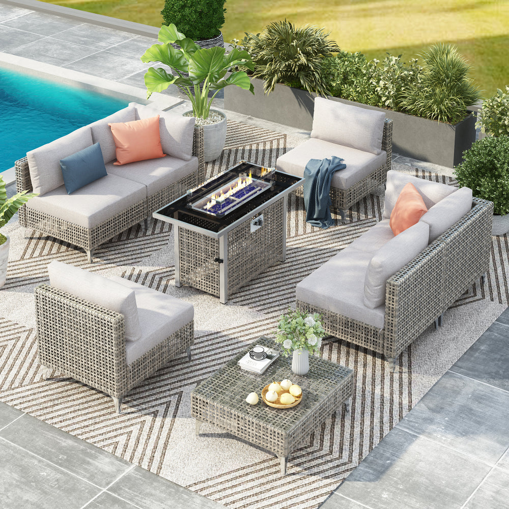 K&K 43" Propane Gas Fire Pit Table, 60000 BTU Rectangular Open Weave Wicker Fire Pit with Glass Wind Guard for Outside Patio Deck Garden Backyard - Grey