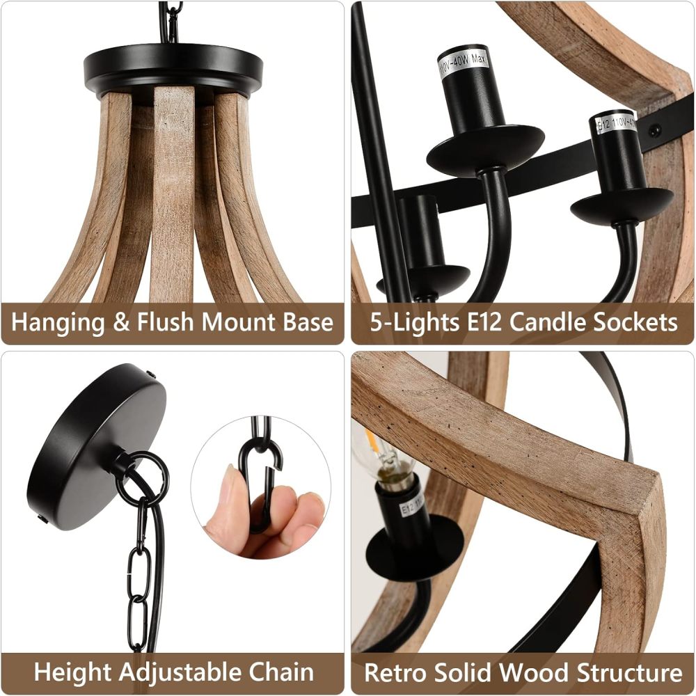 19" Farmhouse Chandelier Light Fixtures, 5-Light Dining Room Light Fixtures Over Table, Solid Wood Modern Chandeliers for Dining Room Living Room Kitchen Island Bedroom Foyer, Height Adjustable, Brown