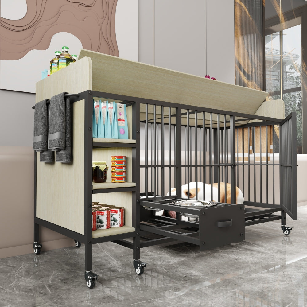 Large pet cage with storage rack, drawers with stainless steel food and water basin, made of iron frame and MDF material, sturdy, exquisite, and practical (black+beige)