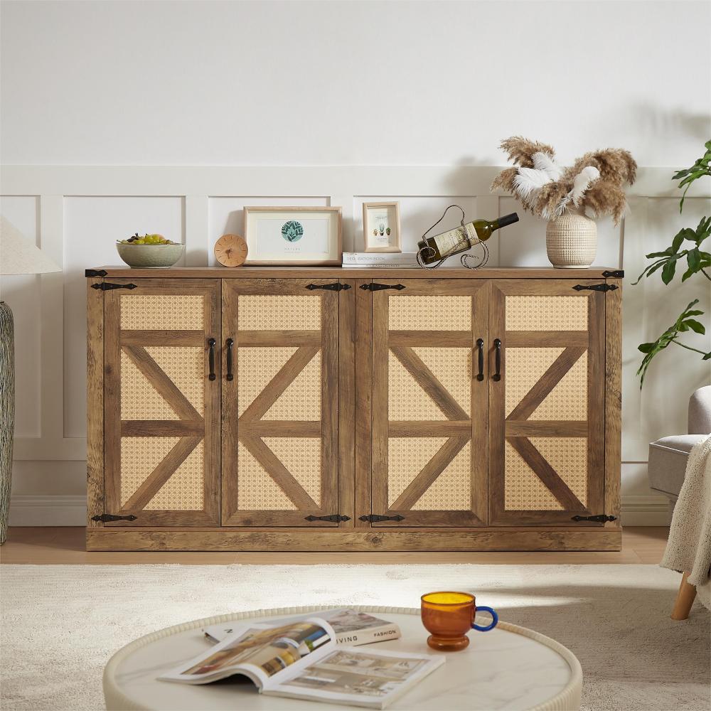 65-Inch Rustic Oak Color Faux Rattan Sideboard, Barn Door Rustic Style Sideboard, Living Room, Entryway, Bedroom, Dining Room Four Door Storage Cabinet
