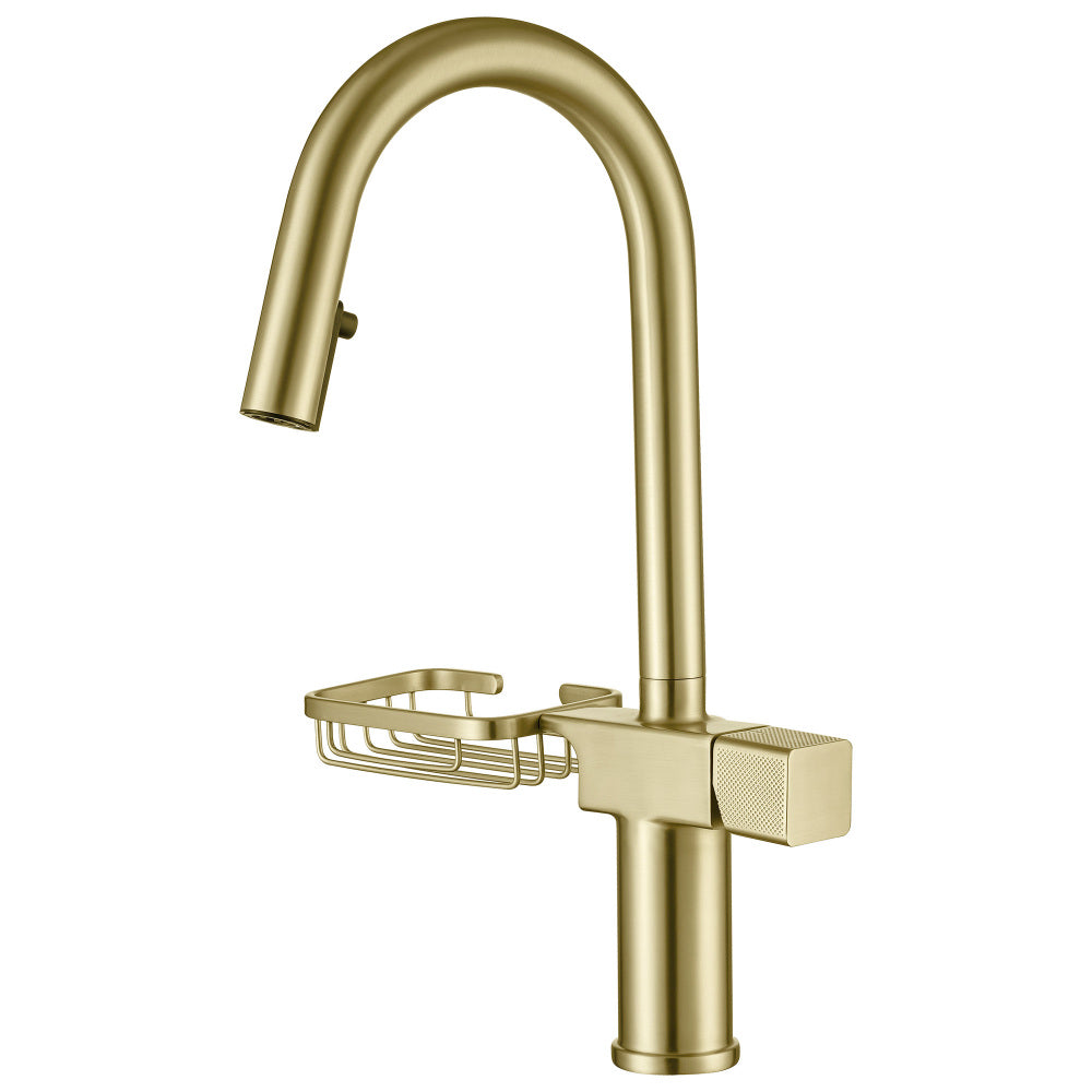 High Arc Pull-Down Kitchen Faucet - Single Hole Stainless Steel, Modern Sink Faucet (Brushed Gold)