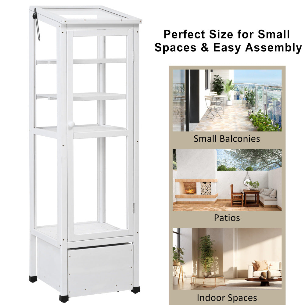 TOPMAX 62.4inch Height Wood Garden Greenhouse Balcony Portable Mini Cold Frame with Movable Storage Box and Adjustable Shelves for Outdoor Indoor Use, White