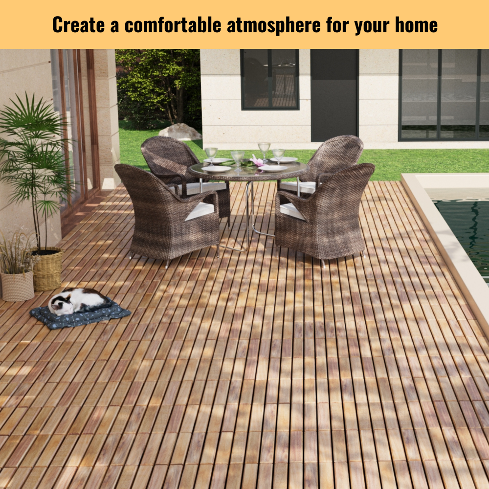 10 PCS Interlocking Deck Tiles Striped Pattern, 12" x 12" Square Yellow Acacia Hardwood Outdoor Flooring for Patio, Bancony, Pool Side,...