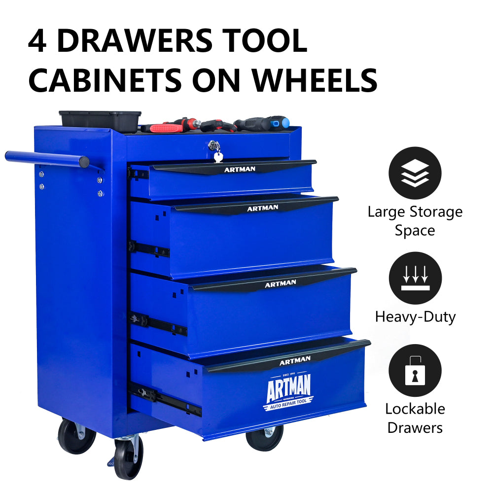 Rolling Metal Tool Chest with 4 Drawers, 20" 4-Drawer Tool Chest Cabinet with Ball Bearing Drawer Slides, Steel Tool Storage Box Organizer -BLACK&BLUE