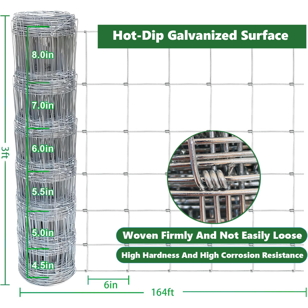 Farm Fence 3ft x 164ft 13Gauge Heavy Zinc Coating Cattle Fence,Galvanized Field Wire Fencing Deer Fence,Goat Fence,Hog Wire Fencing for Yard Livestock & Animals Protection