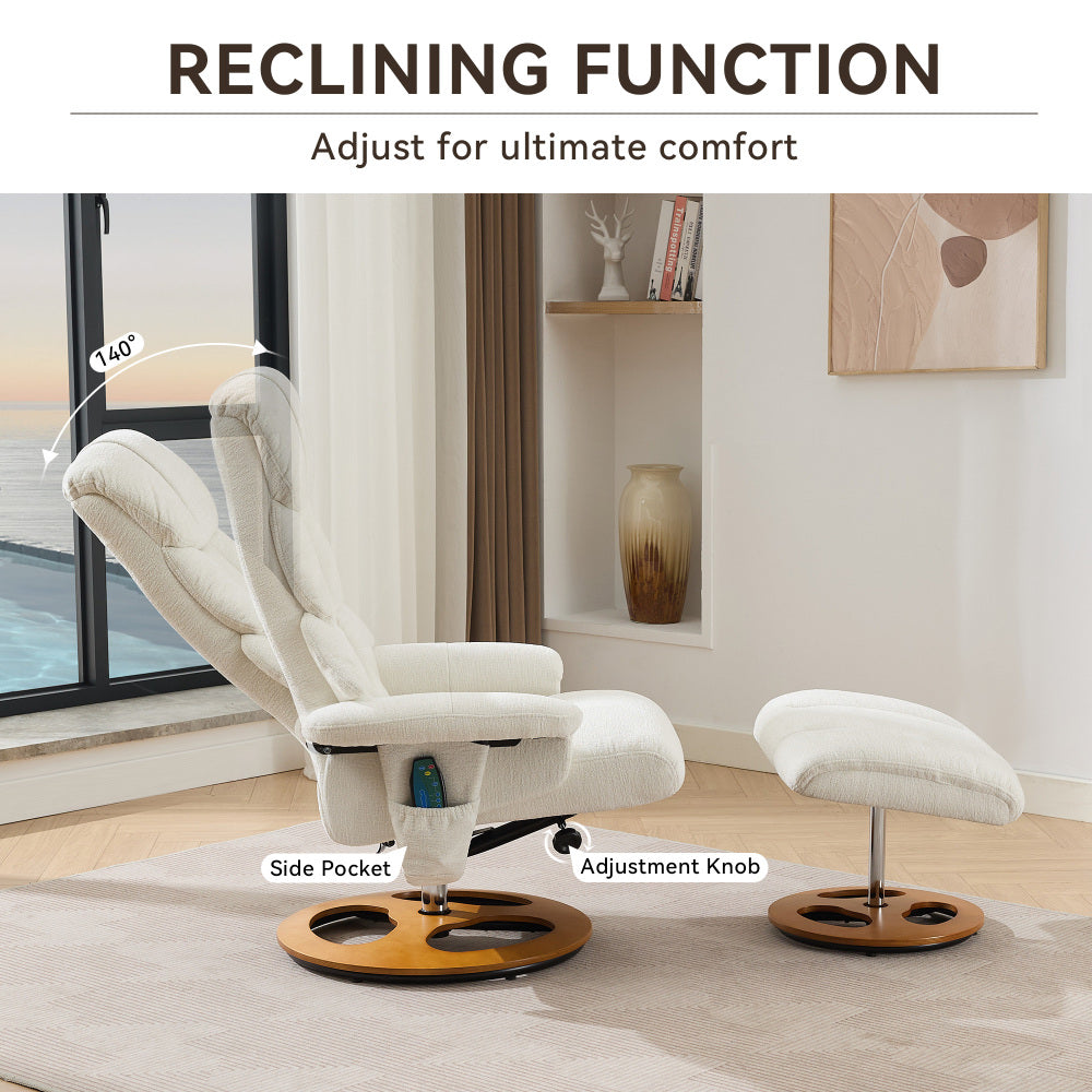 010-Ergonomic Recliner Chair with Ottoman, Modern 360° Swivel Lounge Chair with Footstool, Chenille Fabric, 5 Point Vibration Massage, Seat Heating & 140° Adjustable Backrest for Home or Office, White