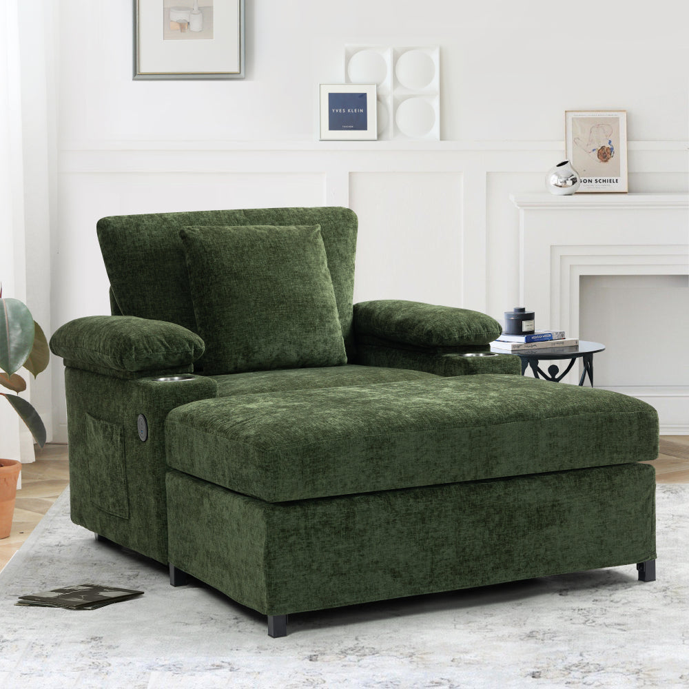Modern Oversized Chair with Ottoman,Chenille Fabric Sofa Bed,Accent Chair Comfy Sofa with Cupholders and USB Charging Ports Chair for Living Room,Bedroom,Apartment