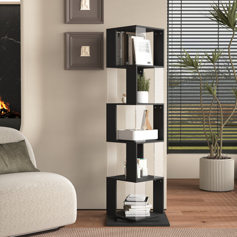 5 tier Rotating Bookshelf, Floor Rack Simple Bookcase  with Acrylic plate Student Multi-Function Creative Bookshelf for Living Room with anti-toppling base
