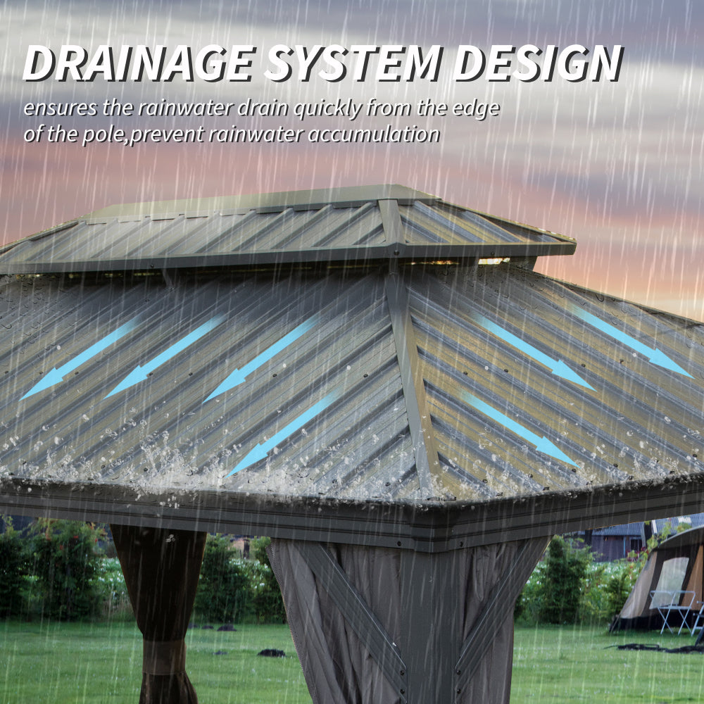 10' X 14' Hardtop Gazebo, Upgraded Metal Gazebo with Drainage System, Dual-Layer Galvanized Steel Roof, Curtain and Netting, Outdoor Shelter Canopy for Patio, Garden, and Backyard, Grey