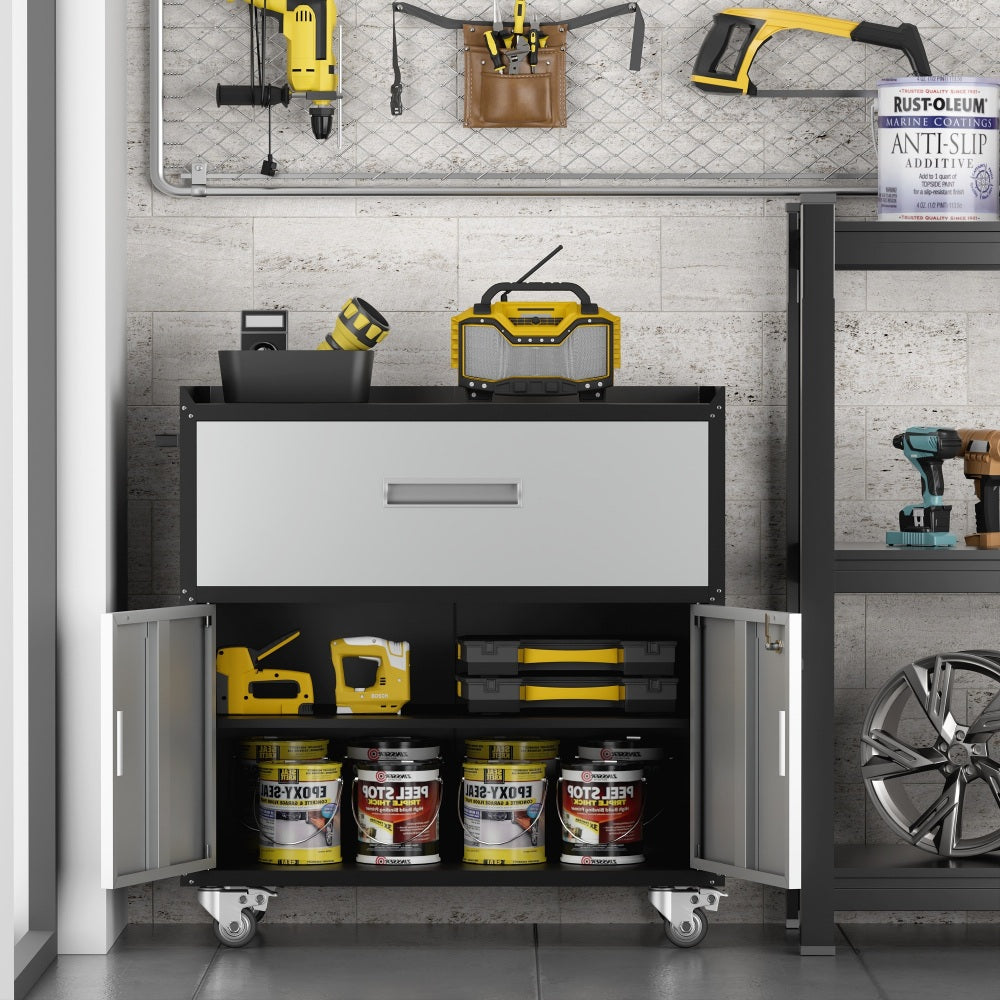 Metal garage cabinets, rolling tool cart boxes with wheels (black/gray)