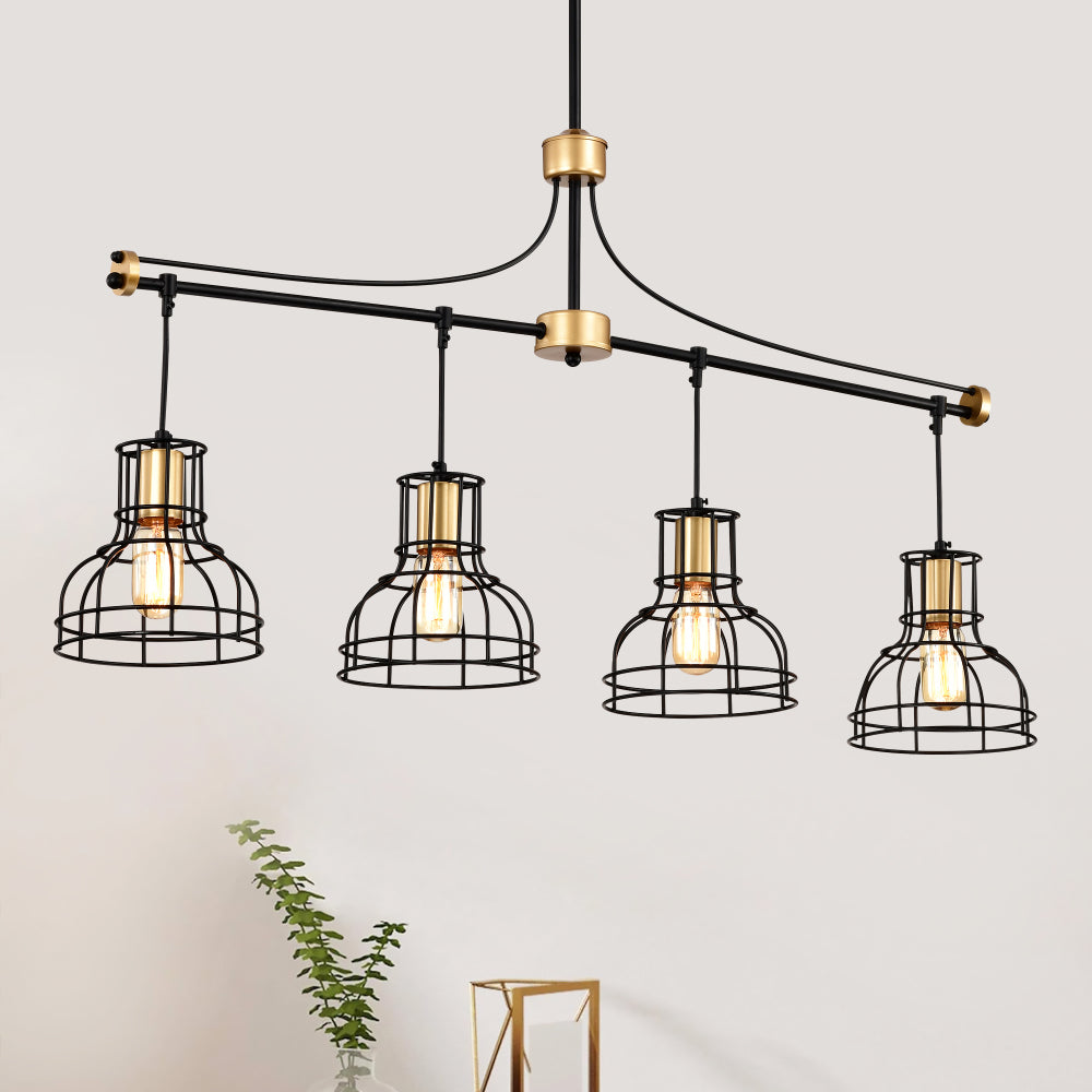 Dining Room Light Fixture/Chandelier Over Table, 40-Inch Hanging for Farmhouse Linear Chandeliers,4-Light Kitchen Island Lighting,Matte Black and Matte Gold Ceiling Chandelier,with Metal lampshade