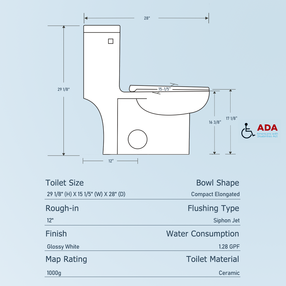 1.28 GPF One Piece Toilet Single Flush , Water-Saving Elongated Comfort Height Floor Mounted, Soft Closing Seat, 1000 Gram Map Flushing Score Toilet, Gloss White 23T03-GW