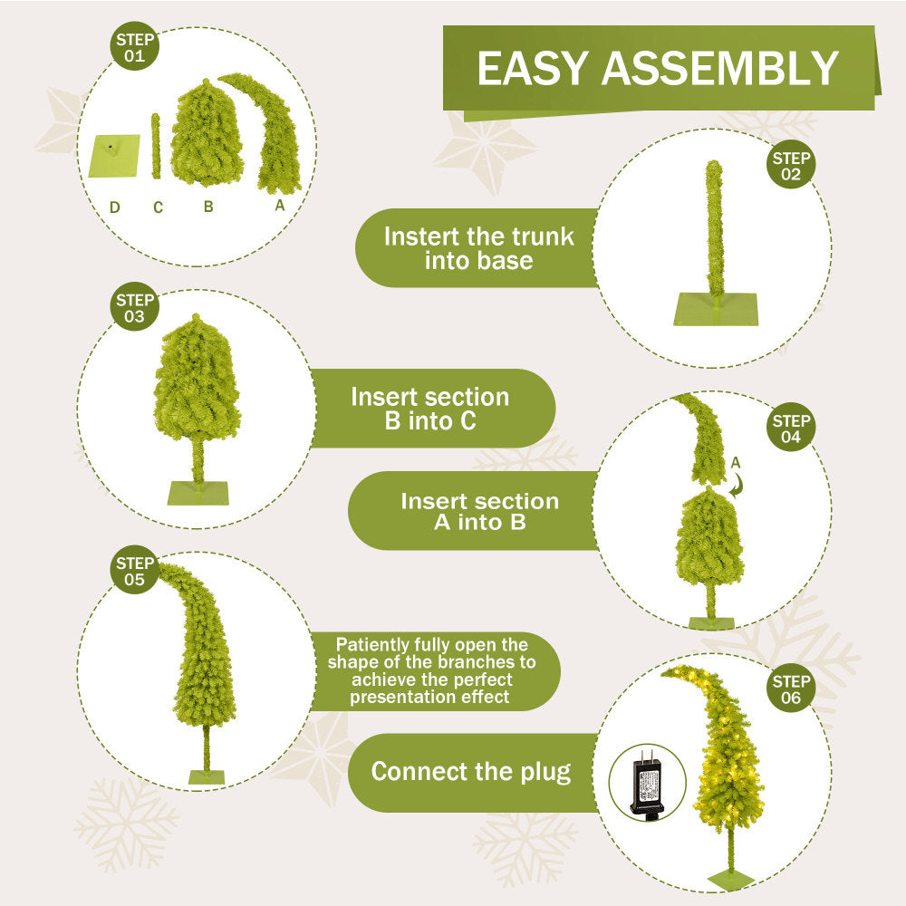 5FT Hinged Fir Artificial Fir Bent Top Christmas Tree, Xmas Tree Bendable Santa Hat Style Christmas Tree Holiday Decoration,400 Lush Branch Tips, 100 LED Lights X-mas