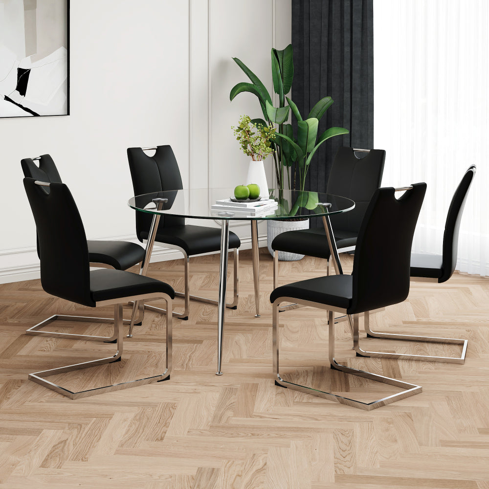 Modern simple round glass dining table, wear-resistant tempered glass countertop, gold-plated legs, grey PU dining chair set, suitable for restaurant kitchen use (set of 5)