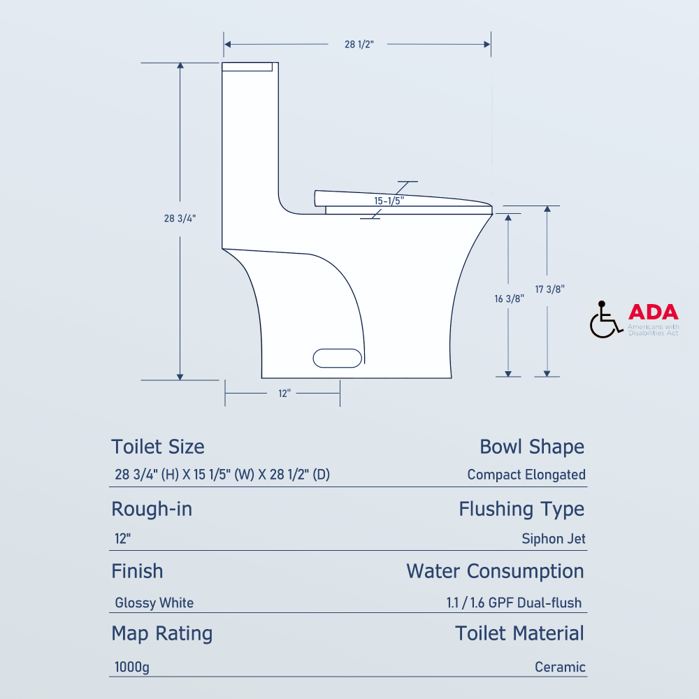 1.1/1.60 GPF Dual-Flush One Piece Toilet, Water-Saving Elongated Comfort Height Floor Mounted, Soft Closing Seat, 1000 Gram Map Flushing Score Toilet, Gloss White 24T02-GW