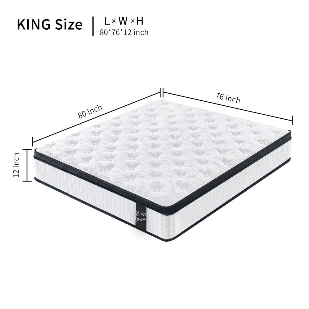 King Size 12 Inch Medium Plush Individual Pocket Spring  CertiPUR -US   Memory Foam Hybrid Mattress